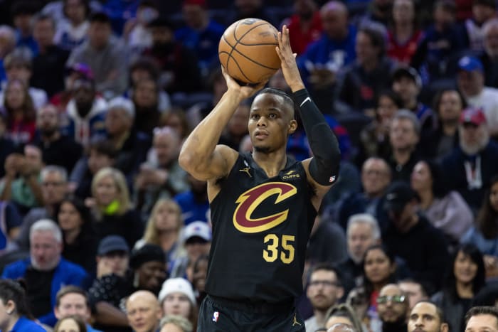 Feb 15, 2023; Philadelphia, Pennsylvania, USA; Cleveland Cavaliers forward Isaac Okoro (35) shoots the ball against the Philadelphia 76ers during the first quarter at Wells Fargo Center. Mandatory Credit: Bill Streicher-USA TODAY Sports
